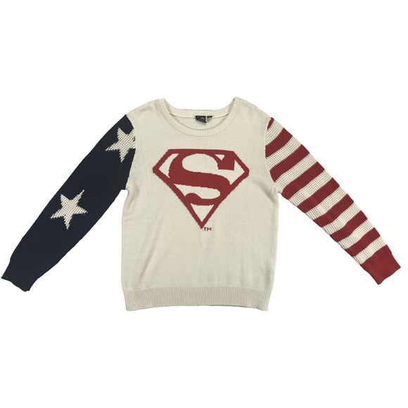 Superman Sweater Adult SZ Medium White Red Blue Knit Preppy America Mad Engine - Picture 2 of 11